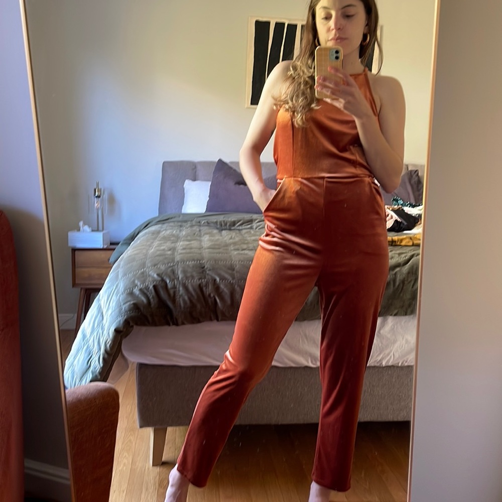 Urban Outfitters rust belt that jumpsuit with open back and pockets